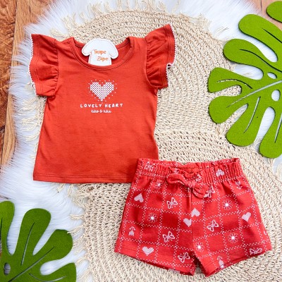  Conj. Blusa Lovely Heart e Short Flores com Borboletas - Cor Telha